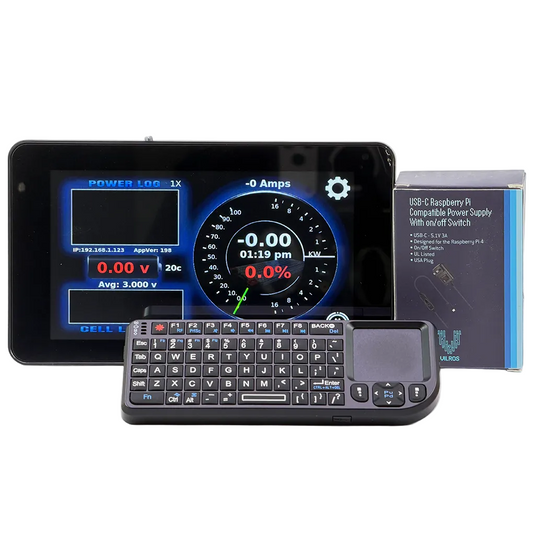 Raspberry Pi 4 and 7in display with a full QWERTY keyboard and touch screen, shown alongside its retail box and a tablet displaying the companion app power log interface on a light gray background.